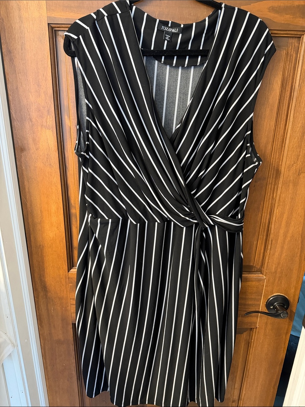 Roz & Ali Black and White Striped Faux-Wrap Dress